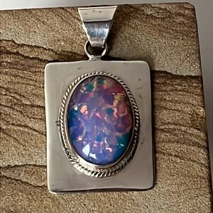 Vintage Mexico Sterling Silver Faux Opal Stone Cabachon Pendant